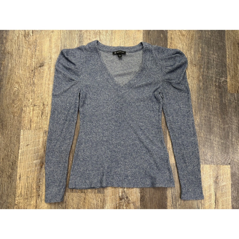 INC International Concepts Blue Marl Ribbed V-Neck Puff Shoulder Top Small